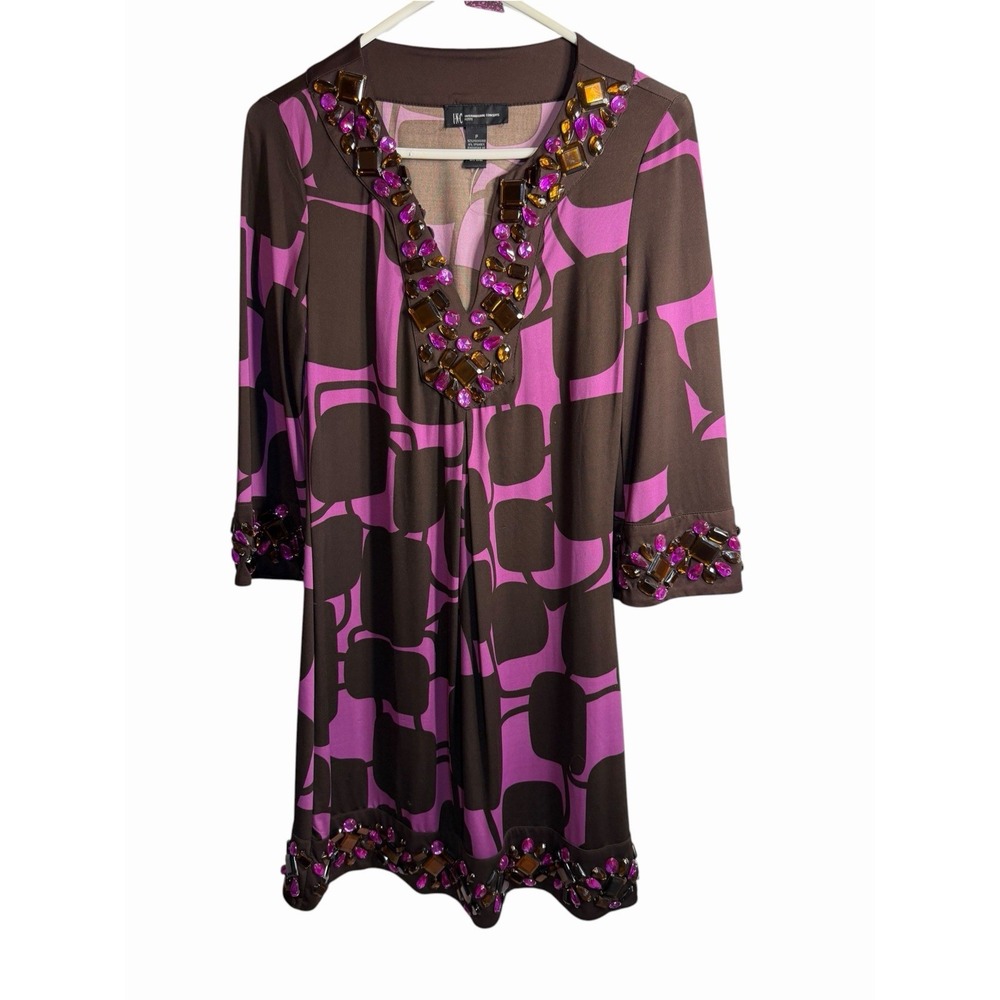 INC womens purple brown bead gem long sleeve short dress size P 8-10